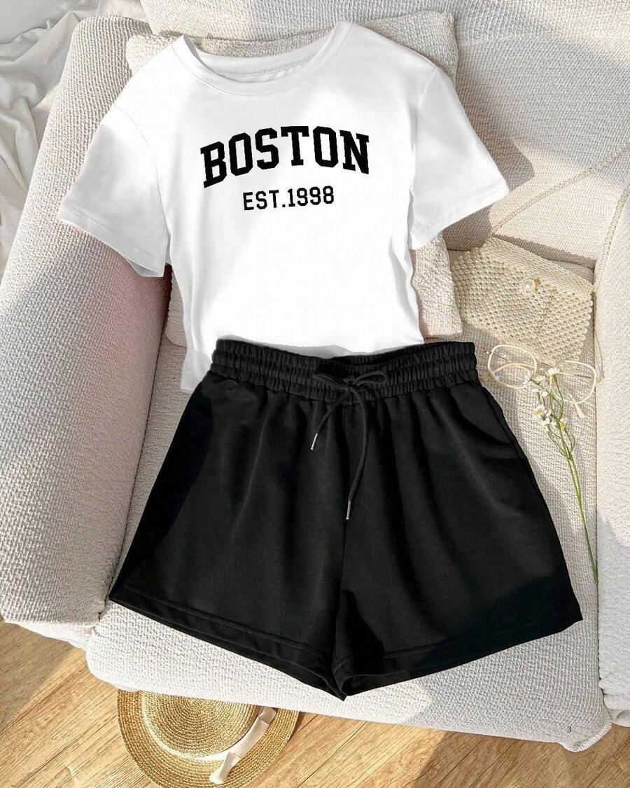 BOSTON CASUAL SHORTS AND T-SHIRT SET FOR ALL OCCASIONS - 白色 - 查看 1