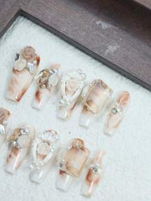 CrystalHola Handmade Square Nails, Y2K, Summer, White & Coffee Color With Rhinestones, Flowers, Pearls, French Tip Nail, Pure Handmade Nails. Suitable For Women And Girls. 10 Pieces. Fits Parties, Weddings, And Wear Daily. Great Gift For Ladies' Nail Supplies. Handmade Press On Nails - Multicolor - View 2