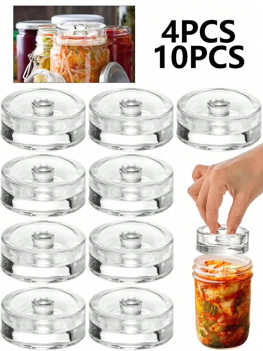 4 piezas/10 piezas Pesos de vidrio para fermentación con asa de agarre fácil, adecuados para tarros de boca ancha, tarros de especias, utensilios de cocina, tapas de recipientes de almacenamiento hermético, fermentación de queso - Ver 1