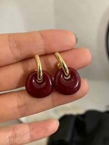 1 Pair French Elegant Enamel Geometric Metal Drop Earrings, Suitable For Women's Daily, Party, Vacation Wear - Burgundy - View 5