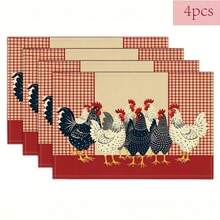Multi-Pack Farm Chicken Placemats In 2 Styles: Red Checkered & Linen Embroidered. 100% Polyester, Non-Slip, Heat-Resistant, Easy To Clean. Ideal For Farmhouse Kitchens, Meals And Gatherings. - Multicolor - View 21