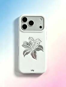 1PC Korean Style White Pleated Silver Lily Flower Full Edge Protective Phone Case Compatible With Iphone 17 Pro Max, 16, 16 Pro Max, 15, Anti-Drop Cute Niche Design For Women - Silver - View 1