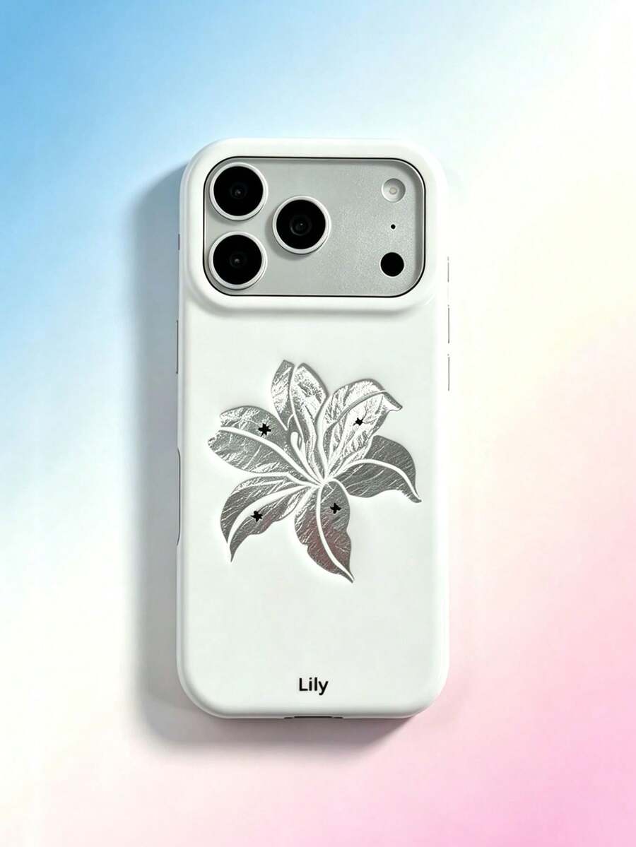 1PC Korean Style White Pleated Silver Lily Flower Full Edge Protective Phone Case Compatible With Iphone 17 Pro Max, 16, 16 Pro Max, 15, Anti-Drop Cute Niche Design For Women - Silver - View 1