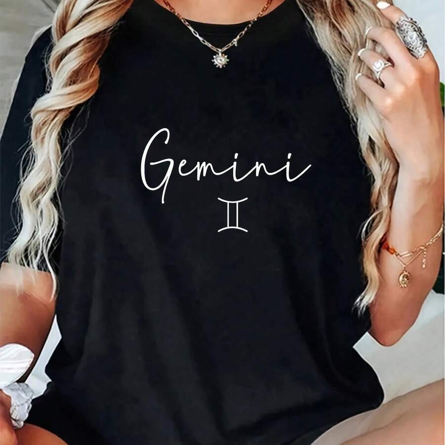 Cotton Gemini Sign Minimalist Zodiac Wos T-Shirt - Negro - Ver 1