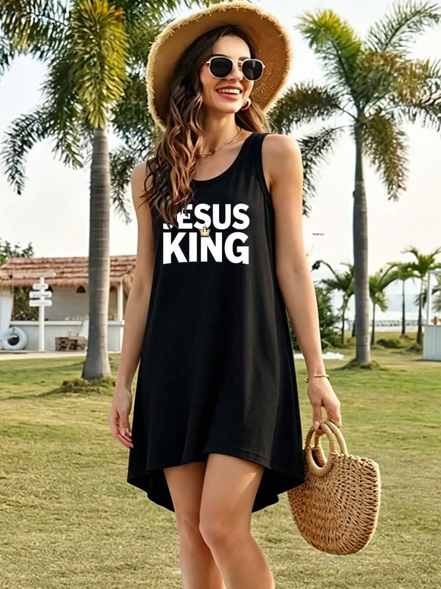 Women'S "JESUS KING" Slogan Graphic Sleeveless Tank Dress - Casual Loose Fit Round Neck T-Shirt Dress, Gold Crown Art A-Line Mini Dress, Christian Fai - 黑色 - 查看 1