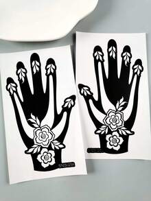 2pcs Palm Tattoo Stencil Set, Hollow Palm Tattoo Stencils, Symmetrical Floral Geometric DIY Painting Templates, Universal For Left And Right Hand Back And Finger Decoration - Black - View 5