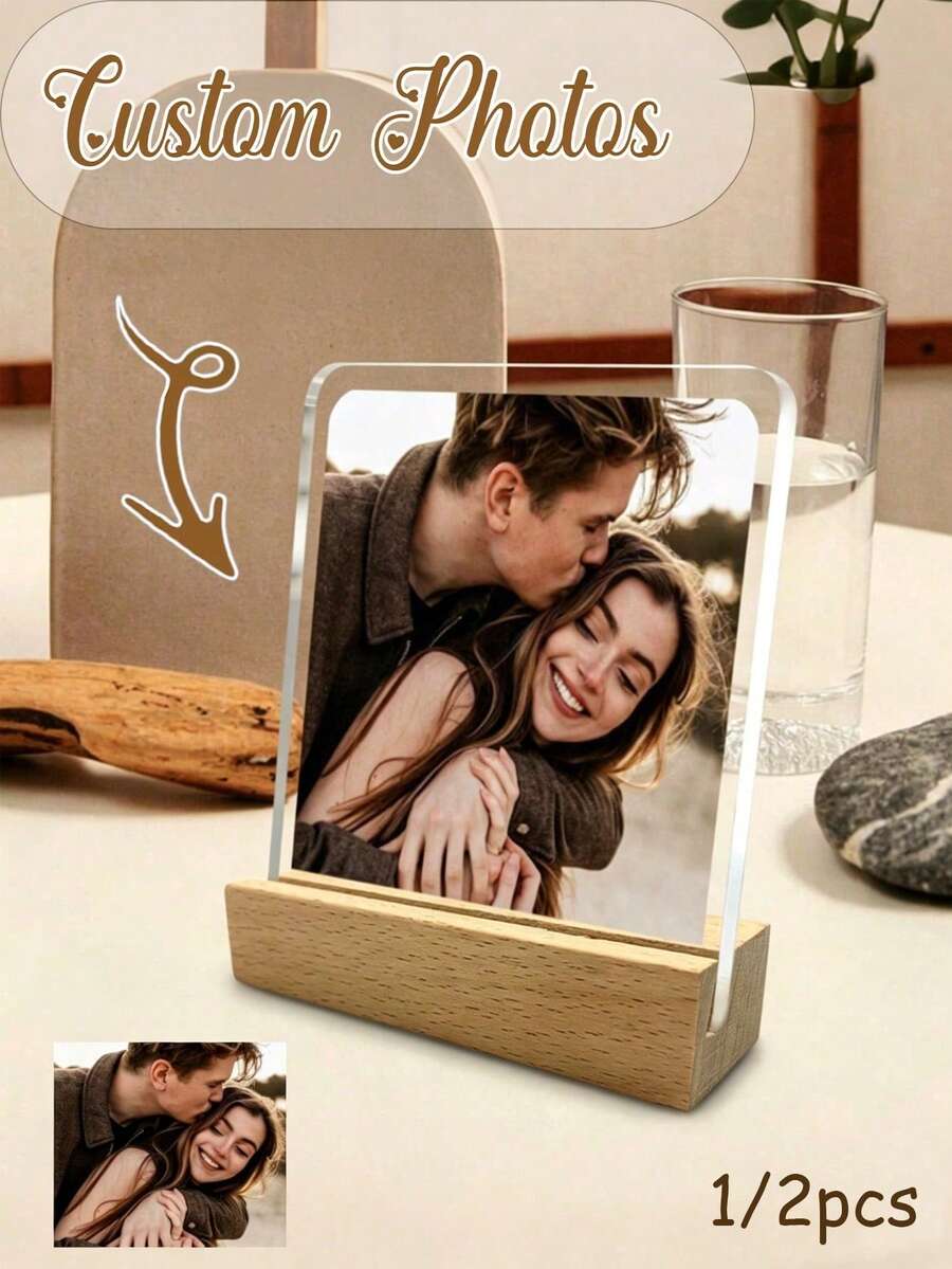 1/2pcs Customizable 2D Acrylic Photo Frame Display Stand, Personalized Engagement Photo Frame, Perfect Gift For Newlyweds, Engagement Or Family/Friends - Multicolor - View 1