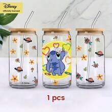 [Officially Licensed]Disney Stitch Glass Cup With Bamboo Lid And Straw | Cute Cartoon Tumbler Can Shaped Drinking Cup | Kawaii Iced Coffee Cup Gift For Lilo And Stitch Fans - Multicolor - View 14