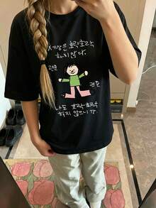 大码女式休闲简约短袖上衣，卡通人物印花，时尚百搭黑色夏季款 - 黑色 - 查看 10