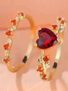 Women's Heart-Shaped 2 Pieces Ring Set, Thick Fashion Accessory - Red - View 5