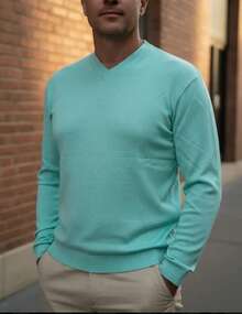 Men's Cold Weather Blouse | Men's Knitted Sweater | Winter Knitted Wool Pullover Long Sleeve V-Neck - 青綠色 - 查看 11
