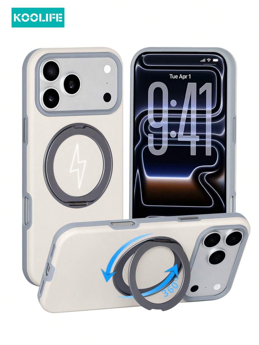 KOOLIFE 1 buah Casing Ponsel dengan Stand Magnetik yang Dapat Diputar 360°, Desain Dua Warna Beige Matte, Kompatibel dengan MagSafe, Casing PC+TPU Tahan Benturan dan Tahan Lama, Pelindung Anti-Selip yang Kompatibel dengan Apple 17/17pro/17promax - Grey - View 1