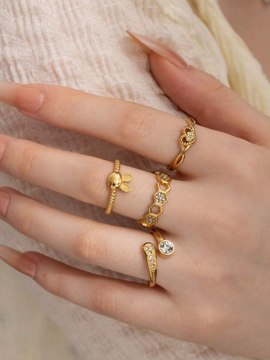 4pcs Fashion Minimalist Stainless Steel Women's Ring Set With Rabbit, Honeycomb, Polygon, Geometric Heart Designs, Suitable For Daily, Holiday, Date, Engagement, Wedding, Party - Gold - View 1