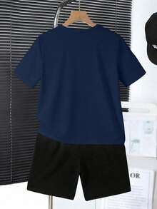 青少年男孩彩色融化冰淇淋、棒球與棒球棒印花圓領T恤+短褲套裝，夏季新款舒適男孩套裝 - 藏蓝色 - 查看 2