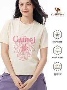 CAMEL CROWN 户外运动雏菊印花短袖T恤，夏季纯棉宽松休闲圆领上衣 - 暖白 - 查看 2