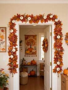 100/200 Cm Halloween Autumn Maple Leaf Vine, Artificial Maple Leaf Wreath With White Pumpkin Vine, Suitable For Indoor And Outdoor Party Decorations, Autumn Home Decorations, Room Decorations, Garden And Courtyard Fireplace Decorations - Multicolor - View 5
