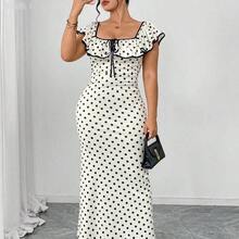 jianchaimaoyi02  Vestido maxi ajustado elegante de lunares para mujer de talla grande, con mangas con volantes, cuello cuadrado, cómodo y elástico, - Multicolor - Ver 5