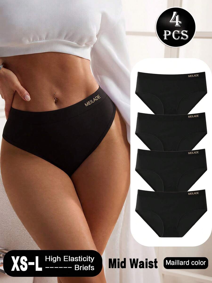 4pcs Seamless Mid-Waist Panties, Maillard Color Comfortable High Elasticity Triangle Briefs - Black - View 1