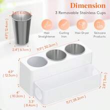 Lifewit Organizador de herramientas para el cabello, soporte removible para secador de pelo en la encimera, organizador de herramientas calientes de acrílico con 3 tazas de acero inoxidable para - Blanco - Ver 2