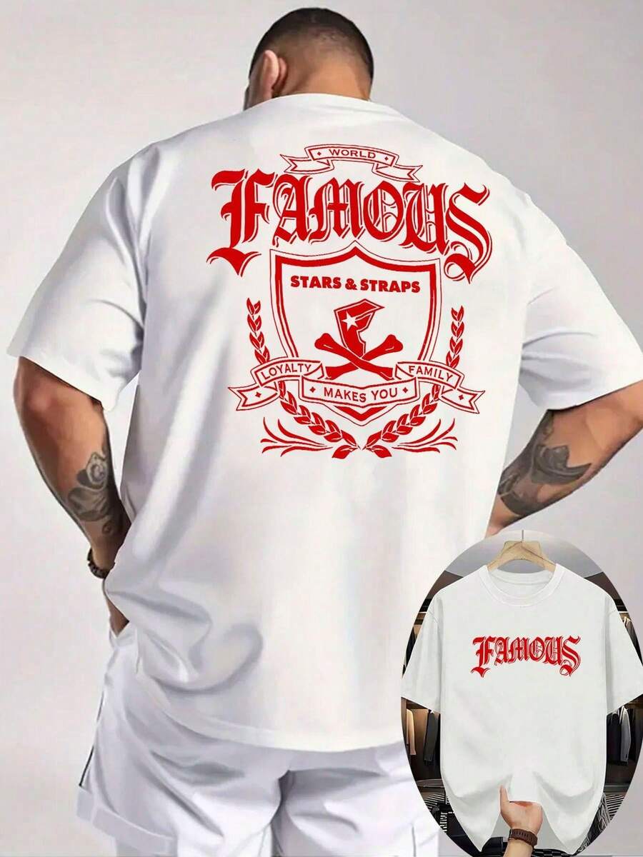 Camiseta roja estampada para hombre FAMOUS, camiseta blanca casual de manga corta, diseño de calaveras entrelazadas, diseño con temática para hacerte destacar, con diseño de hombrer - Blanco - Ver 1