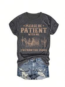 Western Style Letter Printed Round Neck T-Shirt, Casual Vacation Women'S Short Sleeve Top, Women'S Clothing, Retro Loose-Fit T-Shirt - 深灰色 - 查看 1