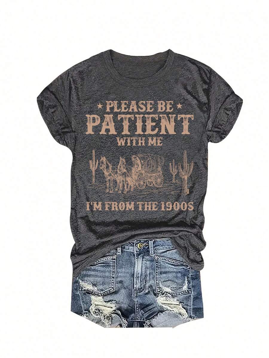 Western Style Letter Printed Round Neck T-Shirt, Casual Vacation Women'S Short Sleeve Top, Women'S Clothing, Retro Loose-Fit T-Shirt - 深灰色 - 查看 1