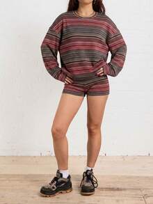 Women's Casual Space Dye Striped 2 Pieces Set, Includes Round Neck Top And Matching Shorts, Suitable For Autumn - Multicolor - View 4