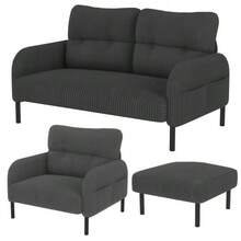 Cord 3-Piece Set: Armchair + Footstool + 2-Seater Sofa With Side Pocket, Tubular Steel Frame & Extra-Soft Backrest, Deep Seat For Maximum Comfort, Modular Combination For Living Room, Grey - Gray + Cord + 4 Seats + Foam - View 2