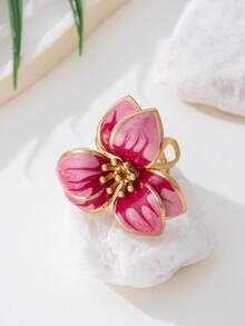 1 buah Cincin Wanita Gaya Liburan Manis & Imut Buatan Tangan dengan Motif Bunga Pink dan Minyak Tetes, Cocok untuk Kencan dan Hadiah Pertunangan - Berwarna merah muda - View 2
