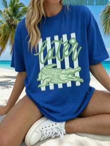 Plus Size Casual Blue Graphic Crocodile Short Sleeve Round Neck T-Shirt, Regular Fit Tee With Slight Stretch Fabric For Everyday Wear - 寶藍色 - 查看 1