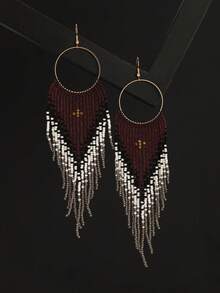 1 Pair Handmade Beaded Earrings, Bohemian Style Burgundy Black White Gradient Beaded Round Tassel Earrings, Unique Fashion Versatile, Suitable For Holiday Gifts, Daily Wear, Vacation, Party - Round Tassels - View 3