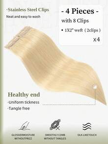 DNE HAIR 4Pcs Straight Clip In Human Hair Extensions 8 Clips Double Weft Invisible Design 613# Light Blond And Blonde Real Human Hair 12-18 Inch Long Lasting & Anti-Shedding Soft Thick Texture Suitable For Full Head Wear Daily Wear Holiday & Seasonal Matching - S613 - View 3