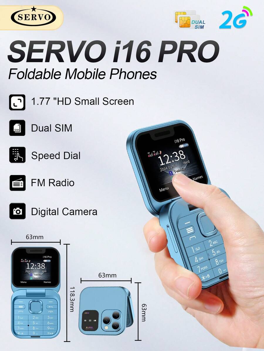 SERVO I16 Pro Mini Teléfono Plegable Dual SIM Dual Standby Grabación de Llamadas Pantalla de 1.77 Pulgadas Linterna LED 2G GSM