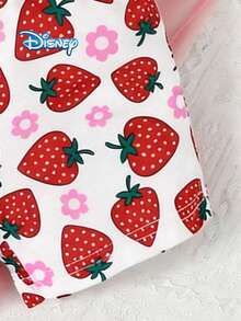 Baby Girls T-Shirt Set, Summer Disney Korean Sweet Style Regular Fit Round Neck Bright Red Strawberry Minnie Mouse Print T-Shirt + White Strawberry Floral All-Over Print Shorts Set, Casual Daily Outing Vacation Party Outfit, Suitable For Girls Under 3 Years Old - Red - View 6