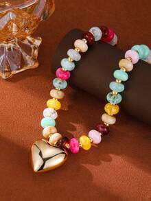 1 pieza Collar con colgante de corazón de cuentas gruesas de moda de verano, collar de cuentas de acrílico colorido bohemio de mujer con lindo colgante de corazón de burbuja, adecuado para uso diario/fiesta en la playa/vacaciones, regalo elegante de aniversario/fiesta - Collar de cuentas en forma de corazón - Ver 2