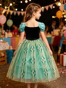 8pcs Girls Green Short Sleeve Floral Pattern Dress Crown Accessory Set, Children's Role Play Dress Set, Girls Party Halloween Christmas Carnival Costume Set - Green - View 5