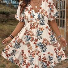 yonghongmaoyi1  LUNE Vestido casual de vacaciones con cuello en V y estampado floral para tallas grandes - Albaricoque - Ver 6