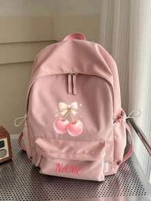 1 pieza Mochila personalizada de gran capacidad para volver a la escuela, versátil con estampado de lazo lindo & cereza, cierre de cremallera, material de nylon, correas de hombro ajustables, portátil a mano, adecuada para la escuela, el transporte, las compras, los viajes al aire libre. Regalo de cumpleaños. - Multicolor - Ver 15