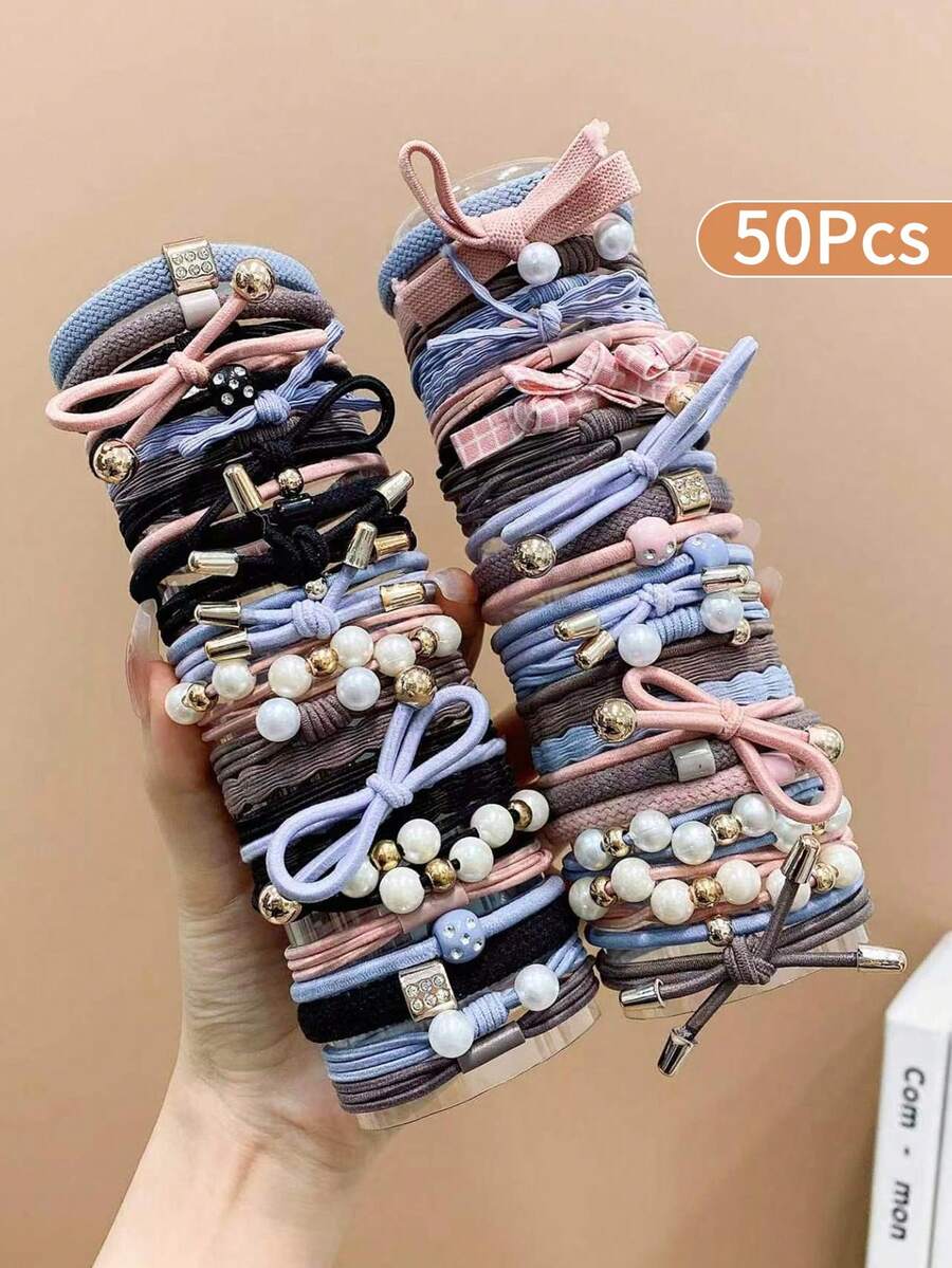 50 chiếc dây buộc tóc giả ngọc trai co giãn cao, nhiều màu sắc, phụ kiện tóc thời trang. - Nhiều màu - Xem 1