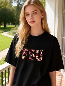 Women's Pure Cotton Oversized Short Sleeve T-Shirt Graphic FSU Letter Print Casual Summer Top - Black - View 6
