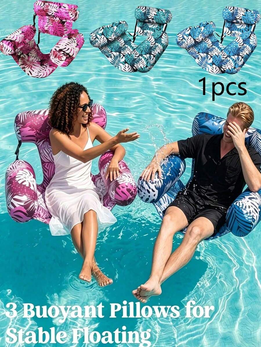 1pc Foldable Inflatable Pool Float Lounger ,Thickened Inflatable Pool Floating Bed, Tropical Leaf Design,Unisex Inflatable Lounger And Pool Float Bar, Suitable For Pools, Lakes, Beaches, And Backyard Parties, Outdoor Water Fun, Summer Water Fun - Multicolor - View 1