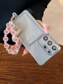 Candy Color Clear Phone Case With Beaded Hand Strap, Card Holder Protective Cover, Shockproof Bumper Compatible With Samsung S20-S25 Series, Note 14/13/12 Series, A56 5G - Grey - View 5