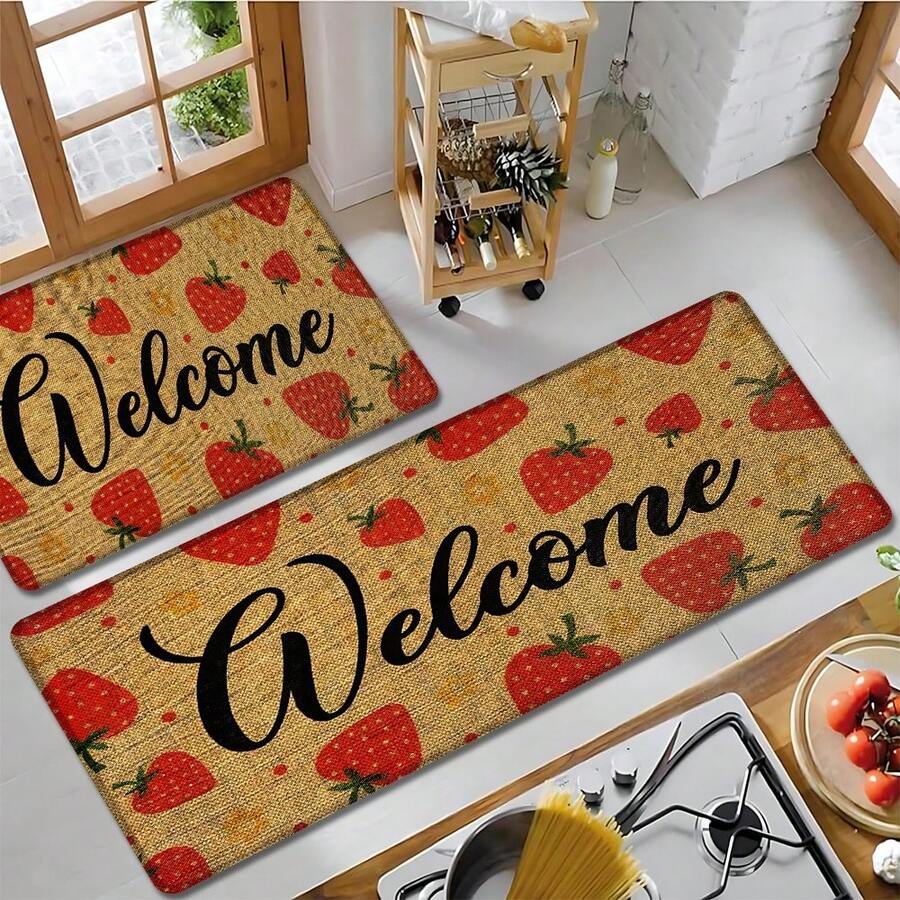 1pc, Home Decor, Strawberry Pattern Print, Linen Kitchen Rug, Kitchen Mat, Floor Mat, Bathroom Mat, Door Mat, 3D Print Rectangular, Suitable For Living Room, Bedroom, Hallway, Bathroom, Laundry Room - Polyester Rug, Suitable For Indoor And Outdoor Home Decor - Multicolor - View 1