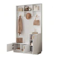 Hallway Set With Bench And Shoe Rack, Multifunctional Storage Bench With 3 Hanging Hooks And Open Storage Space, Rectangular Storage And Shelving Unit For Hallway, White, Dimensions: H200/W120/D40 Cm - 白色 - 查看 6