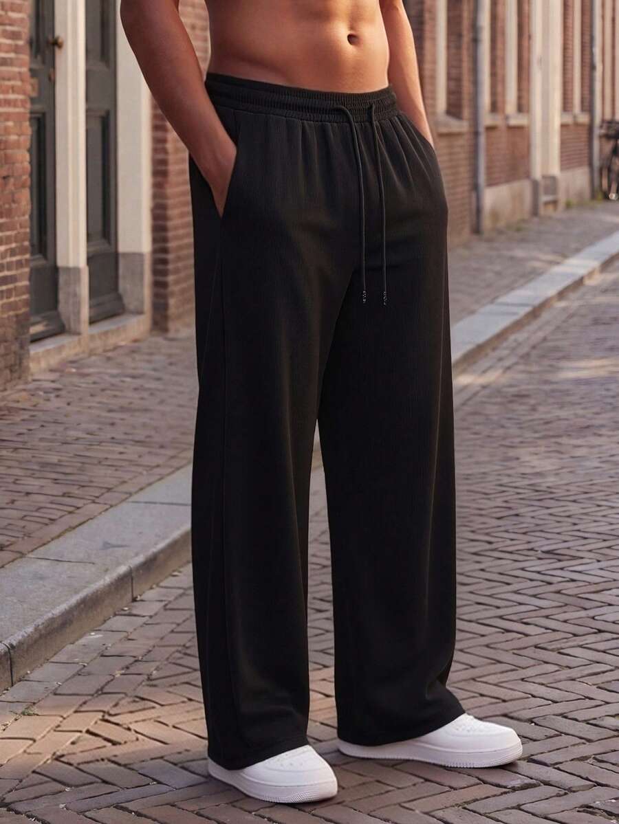 Plus Size Men's Drape Loose Straight Leg Casual Drawstring Waist Pants With Pockets - Black - View 1