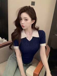 新款春夏甜美性感深色撞色扭纹V领修身短袖女式毛衣 - 寶藍色 - 查看 2
