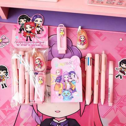 1PC K-POP Idol Inspired Stationery Set, HUNTRAX Character Print Pens, Notebook & Stickers For Fans Party, School Supplies, Office Use, Stationery Gifts, Desk Decor