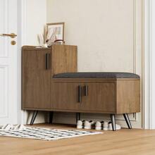 Modern Shoe Bench/Shoe Chest/Bench With Three Storage Doors, Asymmetrical Metal Handles And Multiple Storage Levels - Natural - 查看 2