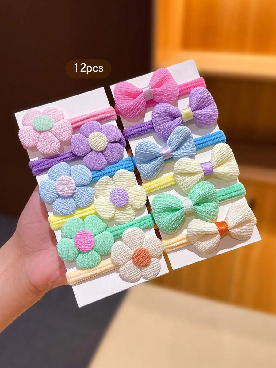 12pcs Colorful Bowknot Flower Hair Ties Cute Women Hair Bands Hair Ropes Random Colors Suitable For Daily Use Hair Accessories - Multicolor - View 1