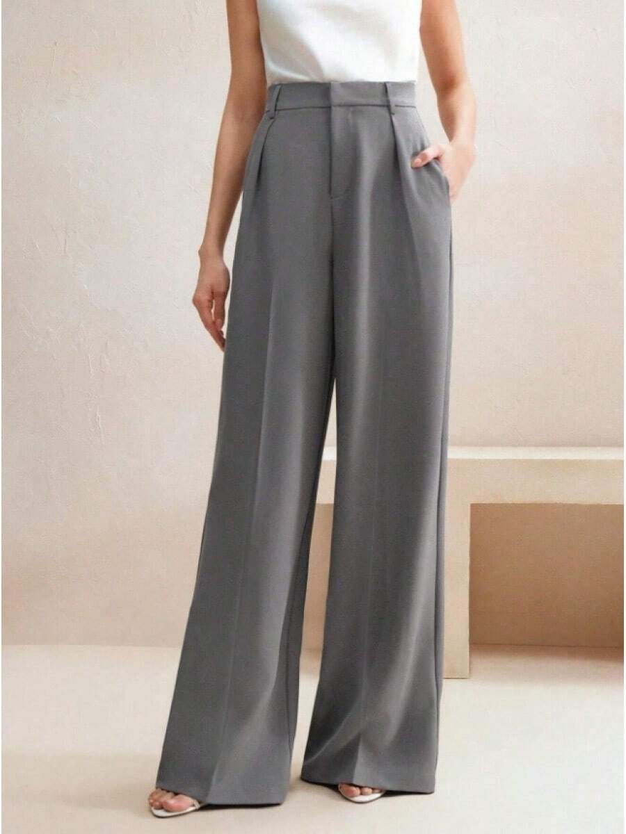 Pantalones Casuales Drapeados para Mujer 2026, de Cintura Alta, Corte y Pierna Ancha, con Efecto Adelgazante - Gris - Ver 1
